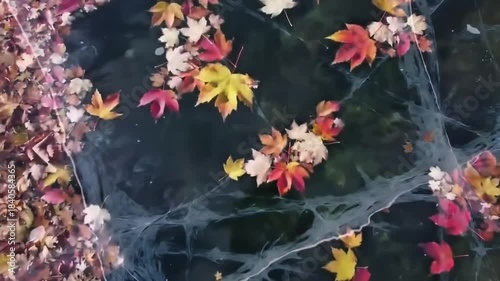 Wallpaper Mural Vibrant Autumn Leaves Floating on Dark Water Freezing into Intricate Ice with White Cracks. Seasonal Transition and Nature's Beauty Concept. Torontodigital.ca