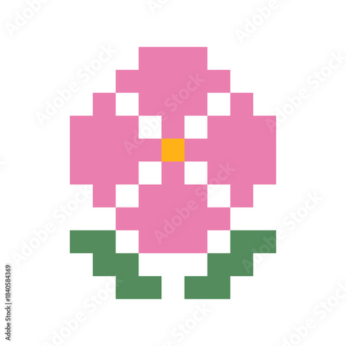 Cute pixel flower icon with pink petals and green leaves. Bright retro digital element for spring designs, stickers, patterns, games, crafts, and creative digital projects