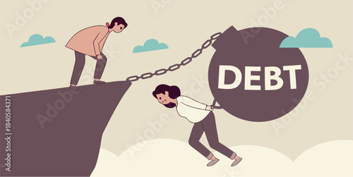 Person falling off cliff dragged down by heavy debt weight
