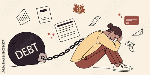 Depressed person sitting on floor chained to heavy debt ball
