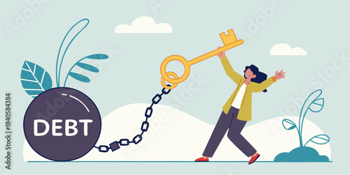 Woman using golden key to unlock chain from debt ball
