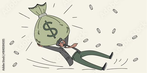Businessman falling and collapsing under heavy green money sack