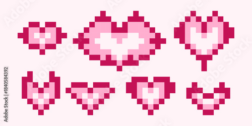 A set of dark pink pixel hearts in various cute shapes. Perfect for Valentine’s Day designs, retro games, stickers, patterns, UI elements, and digital creative projects