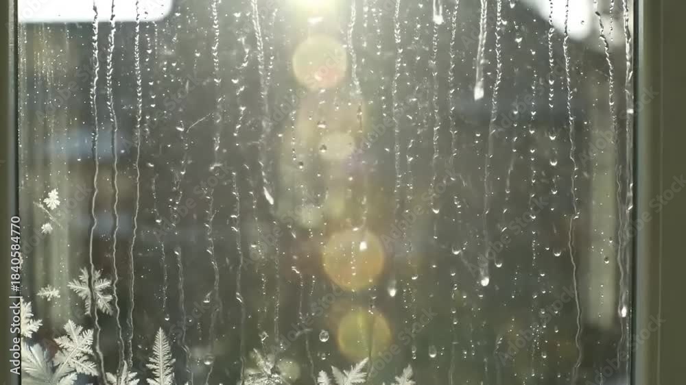 custom made wallpaper toronto digitalRealistic Melting Frost and Ice Patterns on Sunlit Window with Running Water Drops. Concept: Winter Thaw, Spring Arrival, Seasonal Change, Natural Phenomenon