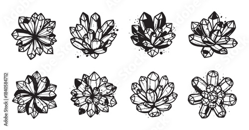 Eight unique hand-drawn crystal clusters in a black and white illustration style, showcasing various natural gemstone formations and mystical elements.