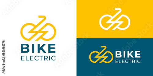 Creative simple electric bike logo template. Abstract bicycle with lightning bolt symbol for E bicycle logo design vector illustration.