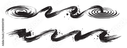 Black ink brush strokes create a dynamic and artistic collection of wavy lines, spirals, and expressive splatters, perfect for creative design elements.