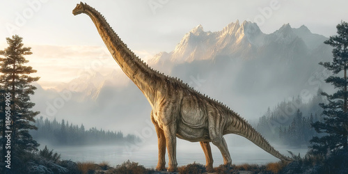 Giraffatitan roams a prehistoric landscape of lakes forests and mountains at sunrise