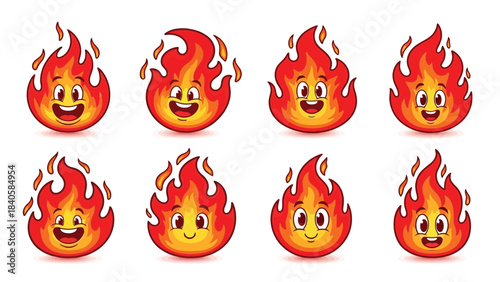 Eight cartoon fire emojis with smiling faces arranged in two rows on a plain white background.