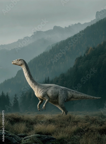 Majestic Imperobator roams a prehistoric landscape with mountains and forests