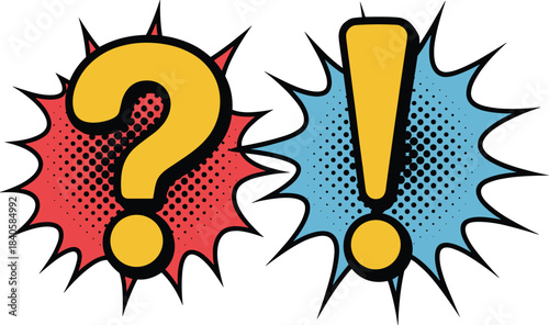 Comic style question mark and exclamation mark, pop art symbols, colorful retro burst icons, cartoon punctuation graphics for design projects