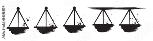 Weighing scales grunge style abstract illustration set depicting justice, equality, and balance with artistic ink splatters and brushstrokes.