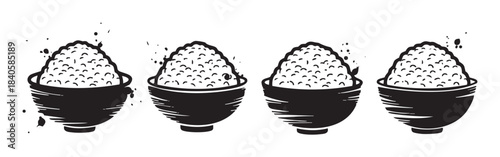Four bowls of rice are presented in a rustic hand-drawn black and white vector illustration, depicting a traditional Asian staple food with an artistic ink splash effect.