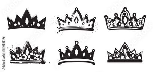 Six different grunge style crowns with distressed textures and ink splatters, symbolizing royalty, power, and achievement in a modern artistic design.