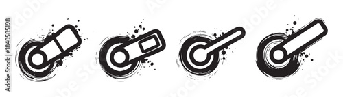 Abstract grunge graphic elements showcase a unique distressed ink splatter style, combining bold circular and rectangular shapes with an artistic urban aesthetic.