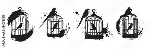 Birds and birdcages silhouettes with artistic grunge ink splatters create a striking visual representation of freedom and confinement.