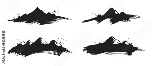 Black ink brush stroke mountain illustrations featuring a rugged, artistic, and abstract style, conveying a sense of nature's power and serene beauty.