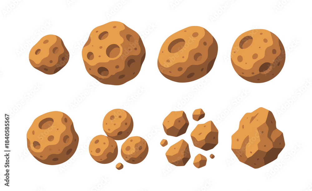 Obraz premium Asteroid and meteor shapes, flat vector illustration with space rocks
