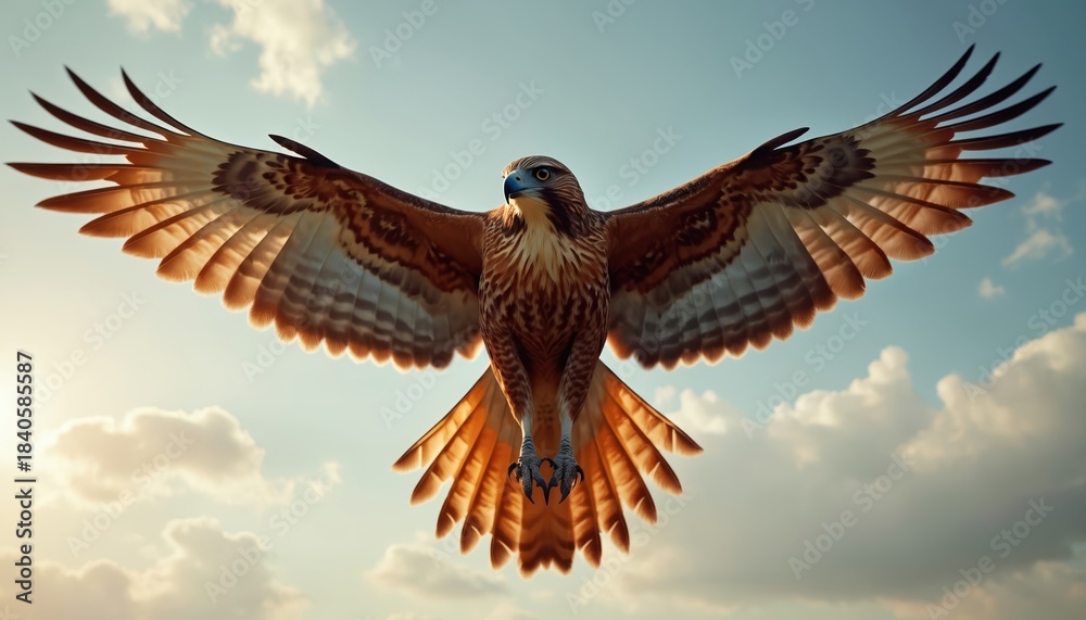 Fototapeta premium Red tailed hawk flies with open wings against cloudy sky, sun shines bright, bird of prey soars high, hunting, wild nature, freedom, majestic bird.