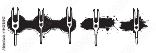 Stylized tuning forks with grunge ink splatters create an abstract artistic design element, perfect for music-related themes or modern graphic compositions.