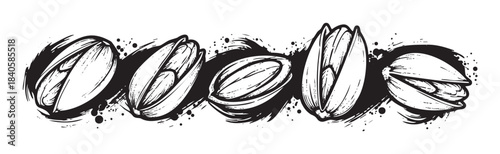 Five stylized pistachios are depicted in a hand-drawn grunge style with rough ink brush strokes, showcasing both closed and slightly open nuts.