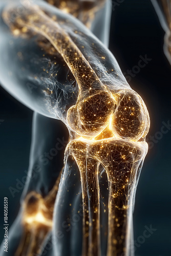 Knee joints radiate light in neon colors showing intricate structures of the human body
