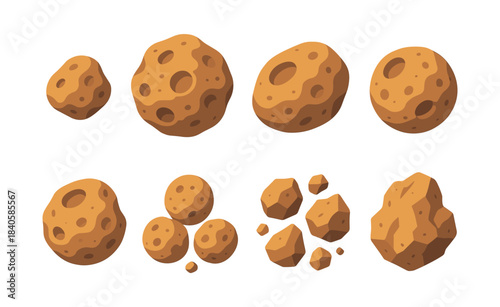 Asteroid and meteor shapes, flat vector illustration with space rocks