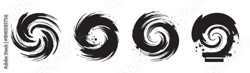 Abstract black spiral brushstroke shapes with a dynamic grunge texture are arranged in a row, forming a versatile and artistic design element.