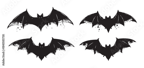 Four grunge style bats with outstretched wings feature a distressed, hand-drawn texture, creating a spooky and mysterious silhouette perfect for Halloween designs.