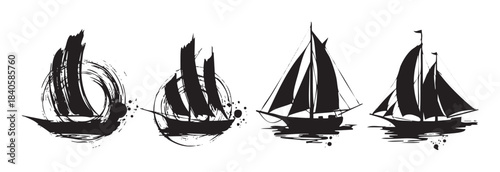Four distinct artistic black silhouettes of sailboats are depicted in various brushstroke and ink styles, evoking a sense of maritime adventure and freedom.