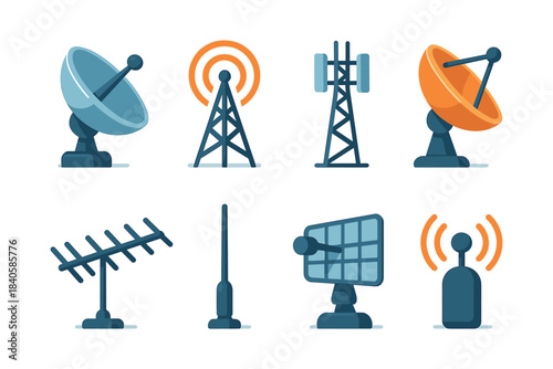 Communication antenna designs, flat vector illustration of satellite, tower, signals