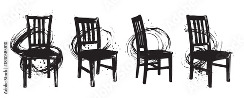 Four grunge style chairs presented in a row, featuring artistic brushstrokes and paint splatters, creating a distressed and modern graphic design element.