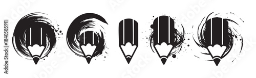 Pencils are the central theme in this collection of artistic black and white illustrations featuring dynamic ink splashes and expressive brush strokes.
