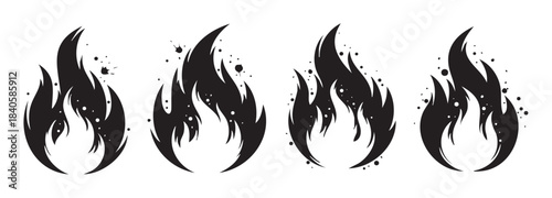 Four stylized black fire flame icons with dynamic splatter effects representing heat, energy, and danger, perfect for graphic design elements.