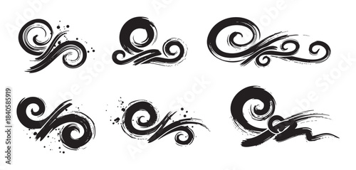 Collection of abstract, artistic, and decorative black ink brush stroke designs with a textured, grunge, and calligraphic style, perfect for creative graphic elements.