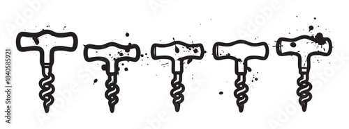 Five stylized hand-drawn corkscrews with ink splatters showcasing a rustic and artistic design, ideal for a winery or restaurant theme.