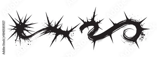 Abstract thorny black brushstroke elements create a distressed and edgy design with a grunge texture, perfect for impactful graphic projects.