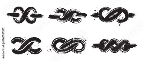 Brushstroke infinity symbols vector collection depicting concepts of eternity, endlessness, and continuous cycles with a textured grunge artistic style.