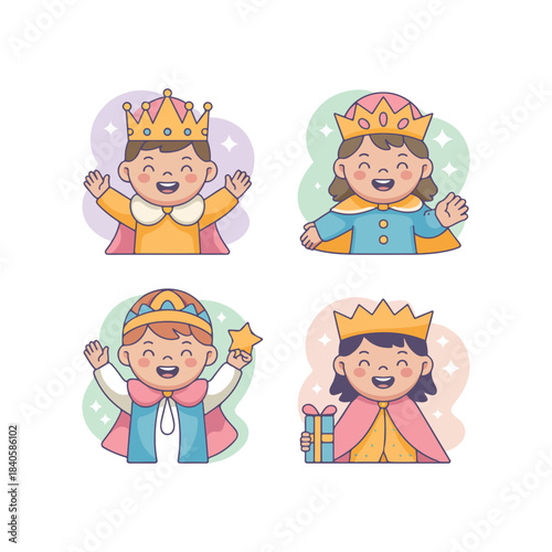 Royalty's Joyful Quartet: Four children adorned in crowns and capes radiate happiness. Capturing the innocence, celebration, and imaginative spirit of royalty.
