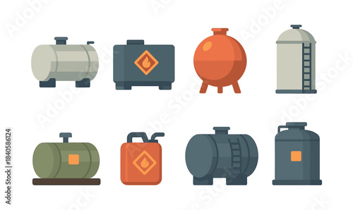 Industrial tank collection, fuel storage, safety icons, flat vector illustration
