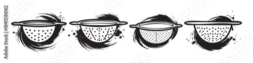 Four kitchen colanders and strainers with a distressed artistic style, presented as a bold black and white brushstroke illustration with ink splatters.