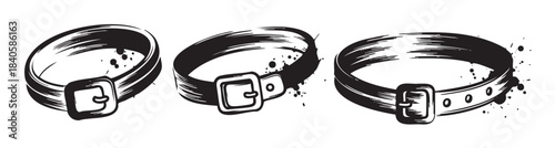 Three black and white stylized belts with buckles are depicted in a hand-drawn, ink-splatter style, perfect for costume design or decorative elements.