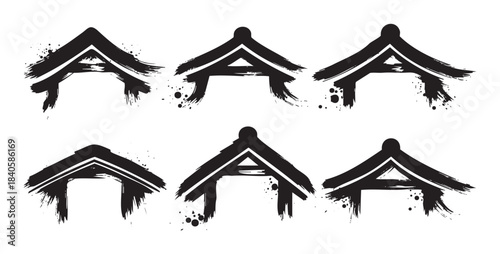 Asian roof icons brushstroke style set featuring traditional pagoda shapes with grunge ink splatters, perfect for cultural design elements and decorative motifs.
