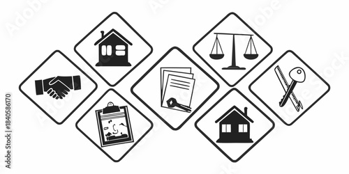 Comprehensive Set of Illustrative Icons Depicting Key Concepts in Real Estate, Property Management, Legal Transactions, and Home Ownership Processes