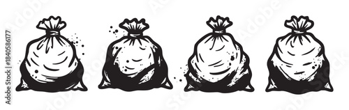 Four tied garbage bags in a hand-drawn style illustration, depicting waste and pollution with a grunge texture, symbolizing environmental concerns.
