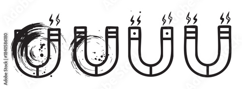 Five horseshoe magnets with varying artistic styles and magnetic field indicators illustrate the concept of attraction and scientific principles.