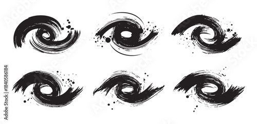 Dynamic black ink brushstroke swirls form a captivating set of artistic grunge elements, ideal for creative graphic design projects and expressive artwork.