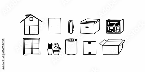 Collection of illustrated icons representing home, moving, and organization house, window, plants, washing machine, and storage boxes