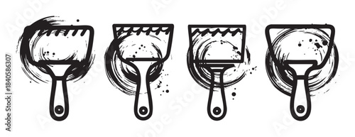 Four paint scrapers with grunge brushstroke textures and various edges, forming a versatile set of artistic tool icons for creative design projects.