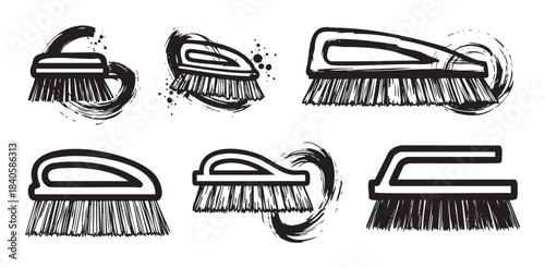 Scrubbing brushes collection of cleaning tools with distressed grunge texture and brushstroke effects, perfect for household chores and hygiene concepts.